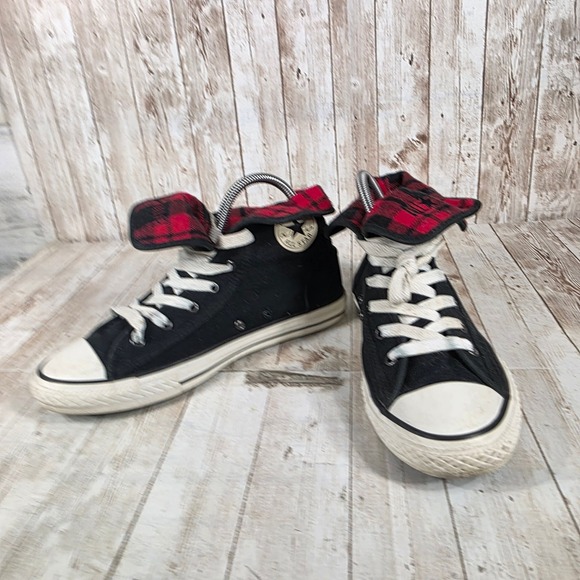 Converse All Star Roll Down‎ Top High Top Sneakers Black Red Plaid Size 6 - Picture 5 of 8